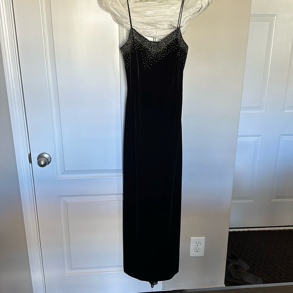 Black spaghetti strap, prom dress 90% polyester 10% spandex